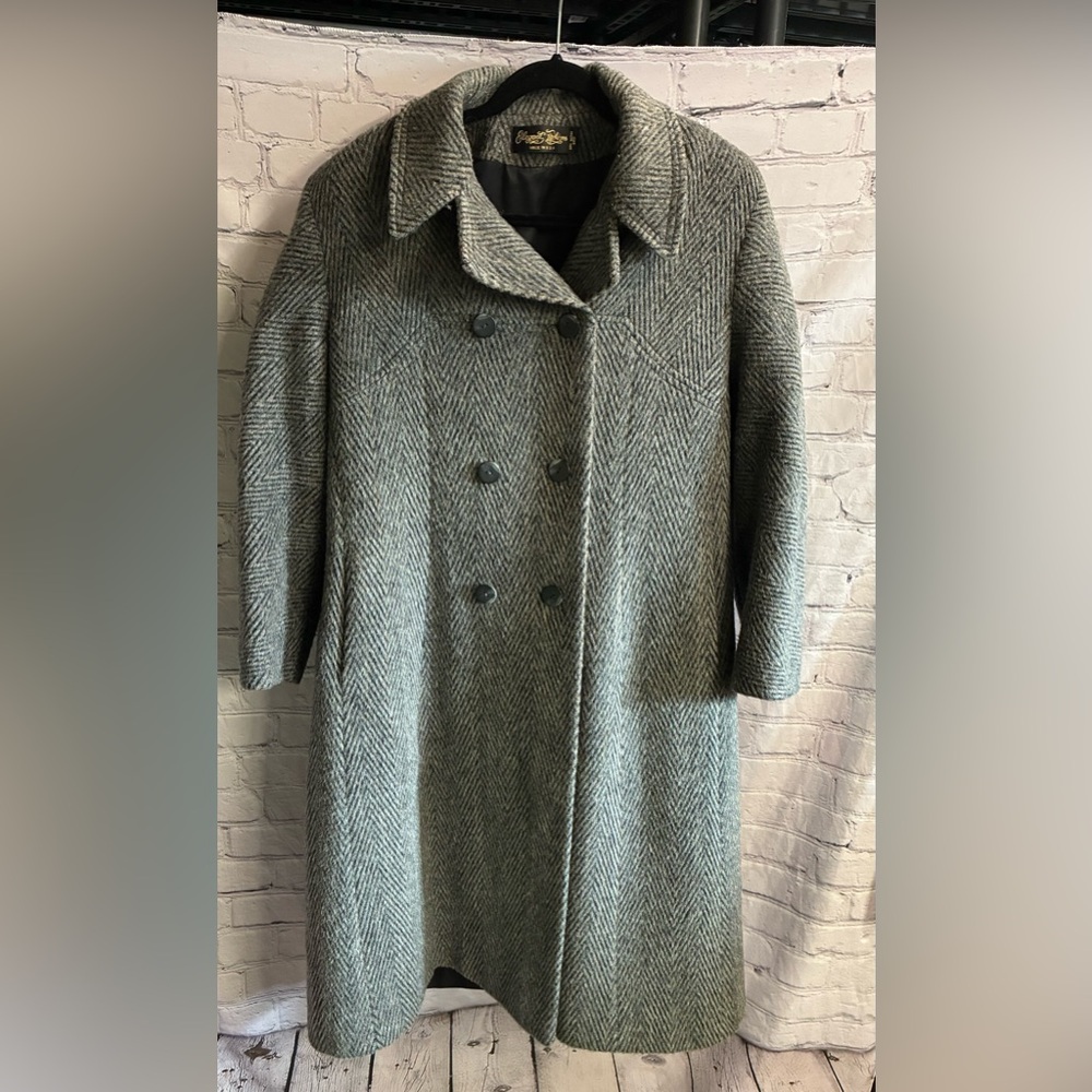 Elegant Fashions Vintage Gray Herringbone 100% Wool Double Breasted Long Coat L?